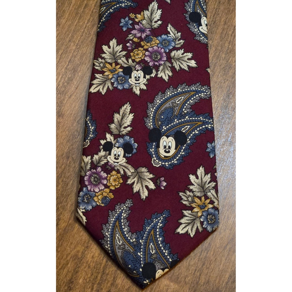 Disney Mickey Mouse Paisley Floral Silk Necktie Burgundy Mens Classic‎ Tie